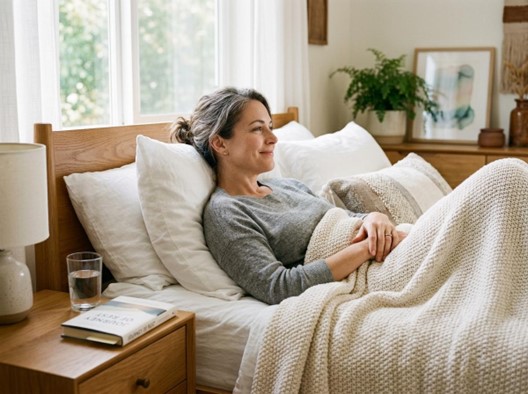 Woman resting in bed during recovery after cosmetic procedure in a calm home setting