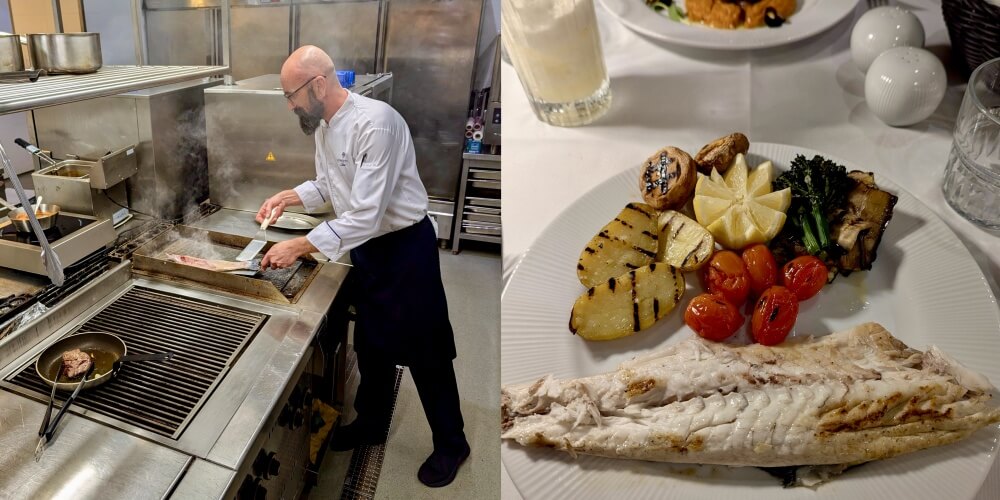 A view of the kitchen at Longevity Senses Cascais and a meal on a plate