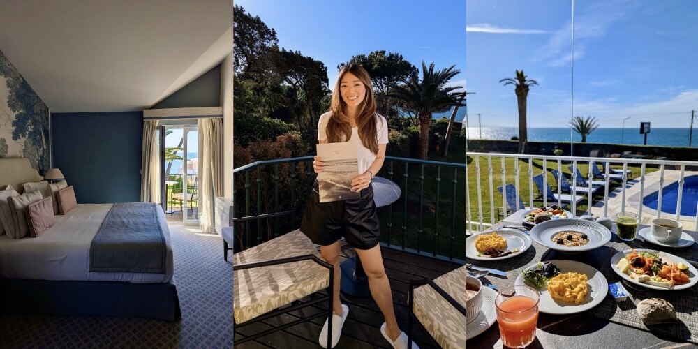 A montage of images showing a bedroom, Sarah Highfield, and a meal set out on a balcony at Longevity Senses Cascais