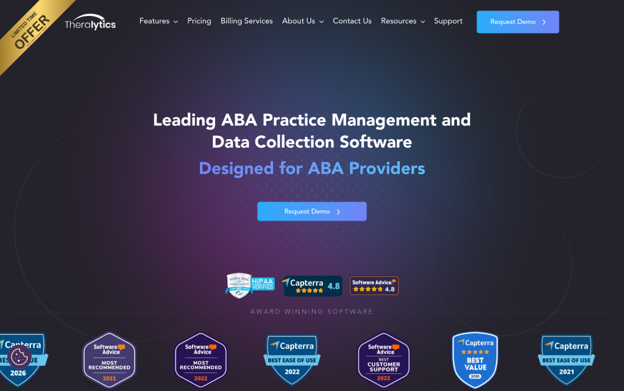 A screenshot of the Theralytics home page