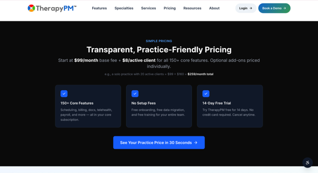 A screenshot of the TherapyPM home page