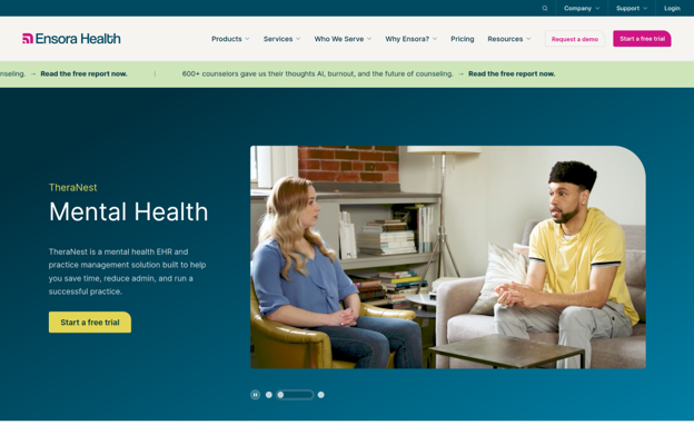 A screenshot of the Ensora Health home page